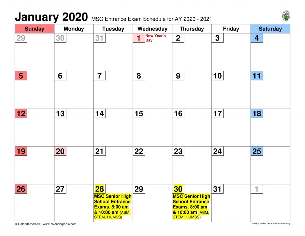 MSC Entrance Exam Schedule AY 2020-2021 - Marinduque State College