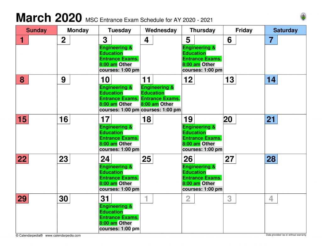 MSC Entrance Exam Schedule AY 2020-2021 - Marinduque State College