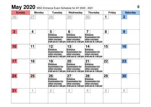 MSC Entrance Exam Schedule AY 2020 2021 Marinduque State College
