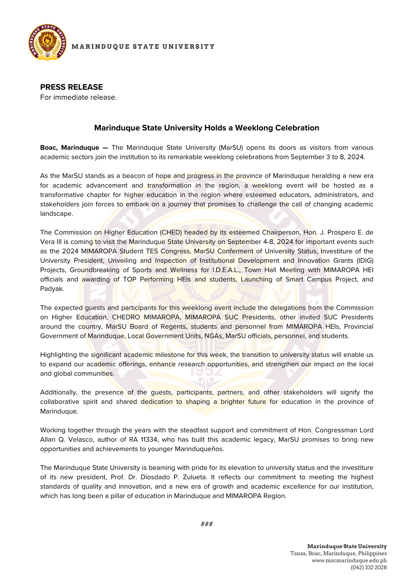 Press Release: Marinduque State University Holds A Weeklong Celebration ...